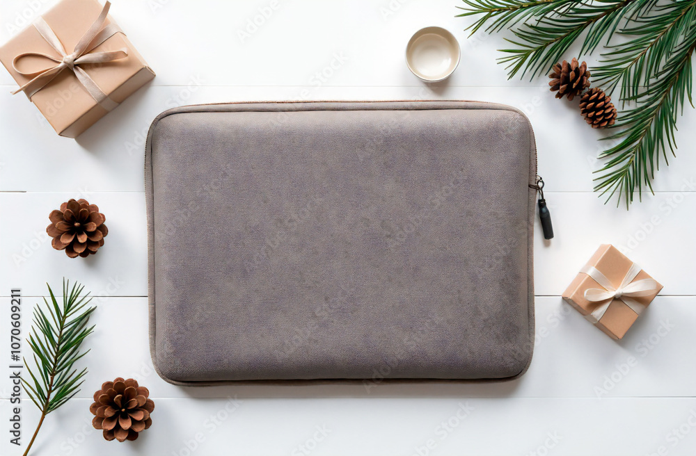 Fototapeta premium A stylish laptop sleeve mockup surrounded by gifts and evergreen decorations on a white wooden surface