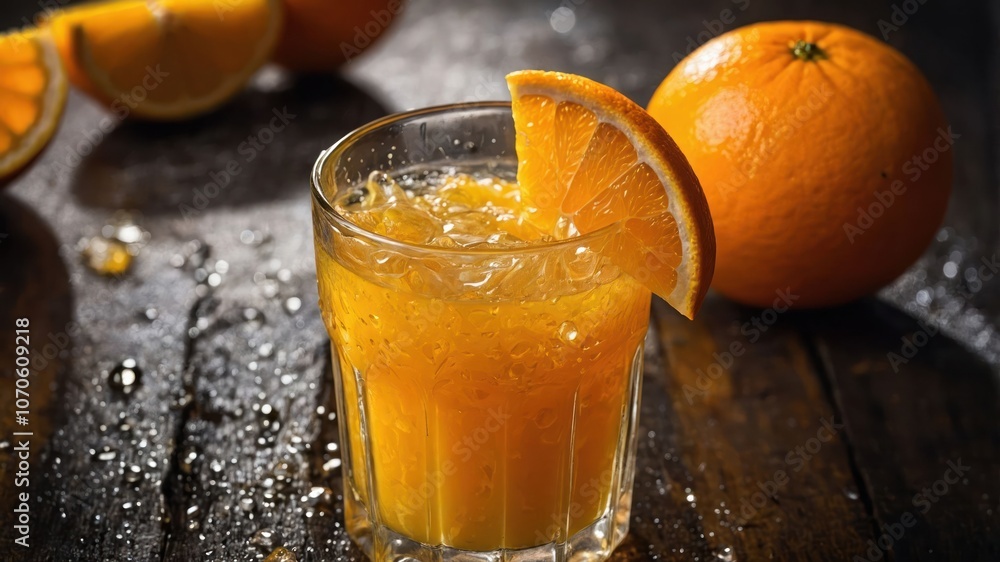 A refreshing glass of orange juice garnished with a slice, surrounded by fresh oranges. A refreshing glass of orange juice garnished with a slice, surrounded by fresh oranges.