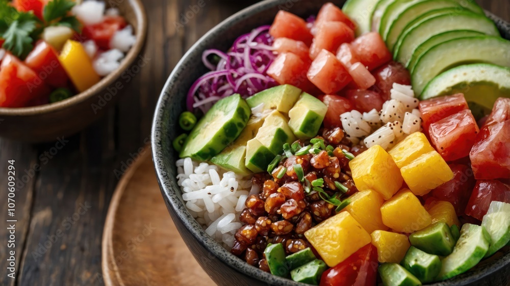 A colorful poke bowl with rice, fresh fruits, vegetables, and a savory topping. A colorful poke bowl with rice, fresh fruits, vegetables, and a savory topping.