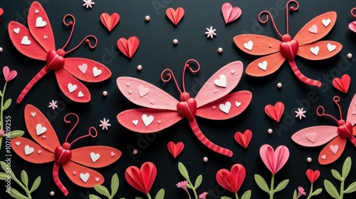 Red Pink Paper Dragonflies with Hearts on Black Background for Valentines