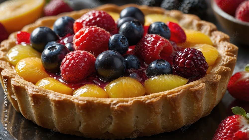A delicious fruit tart topped with various berries and peaches, perfect for dessert. A delicious fruit tart topped with various berries and peaches, perfect for dessert.