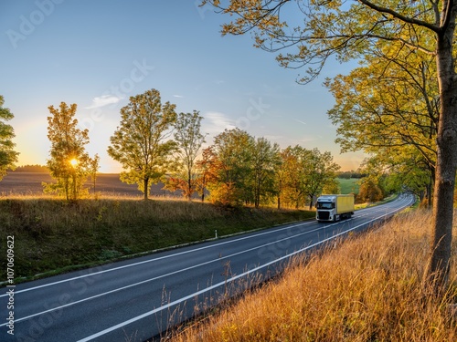 Obraz na płótnie Silver truck driving on an asphalt road between rows of leafy trees in autumn colors in a rural landscape at sunset w salonie