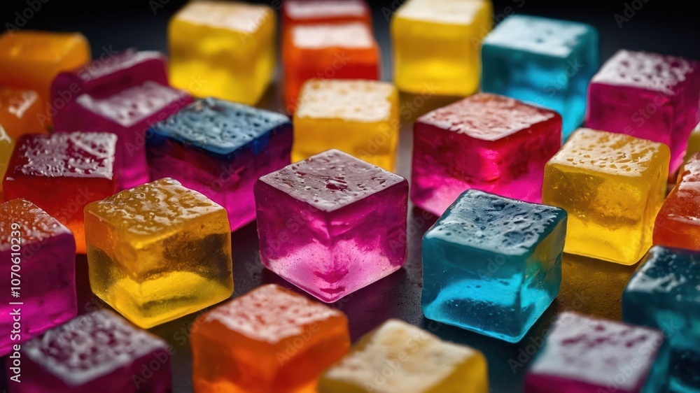 Colorful gelatin cubes scattered on a surface, showcasing vibrant hues and textures. Colorful gelatin cubes scattered on a surface, showcasing vibrant hues and textures.