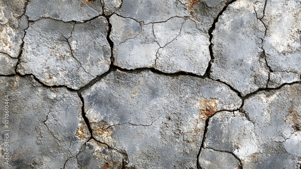 Obraz premium Close-up of cracked, dry, grey earth with rust spots.