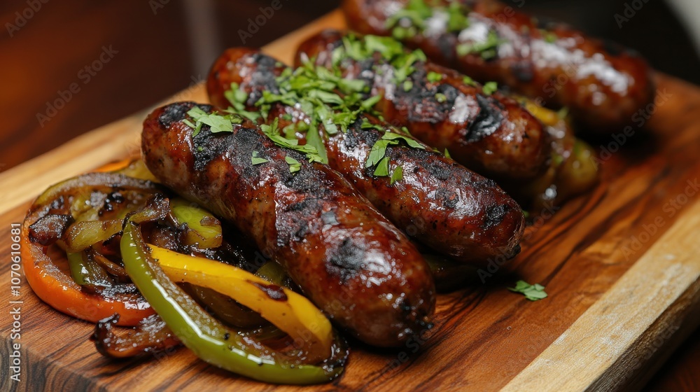 Grilled Sausages with Colorful Peppers on Wooden Board Grilled Sausages with Colorful Peppers on Wooden Board