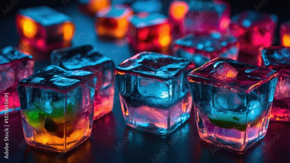 Colorful ice cubes with glowing effects, showcasing vibrant hues and transparency. Colorful ice cubes with glowing effects, showcasing vibrant hues and transparency.