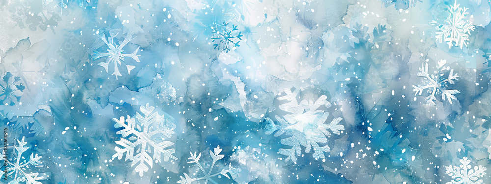 Watercolor Illustration of Abstract Christmas Winter Background with Snowflakes and Blue Hues for Holiday Season Aesthetic. New Year Backdrop. Copy space. Banner Watercolor Illustration of Abstract Christmas Winter Background with Snowflakes and Blue Hues for Holiday Season Aesthetic. New Year Backdrop. Copy space. Banner