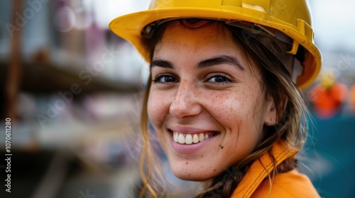 Portrait of a cheerful construction professional, highlighting a career in engineering and building development with a focus on youth and project management in the industry