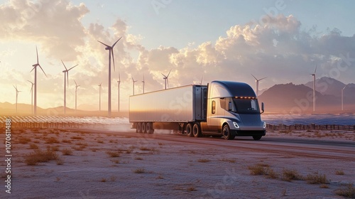 Photorealistic Images of Futuristic Electric Trucks in a Desert Landscape with Solar Panels and Wind Turbines, Showcasing Sustainable Energy and Innovative Transportation Solutions