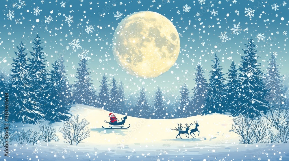 Fototapeta premium Witness santa's sleigh and reindeer soaring across a majestic full moon in a winter wonderland