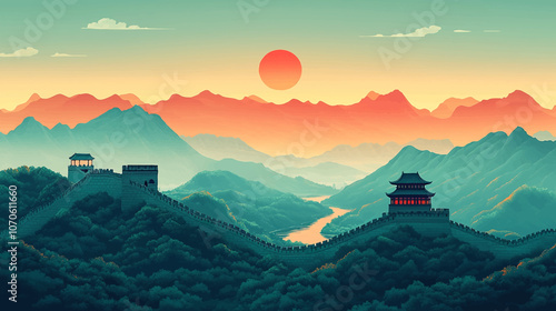 Splendid landscapes the Great Wall, Yellow Rivers, National Day holiday poster background. Peaceful mountain landscape with sunset, lake, and trees, minimalist nature illustration.