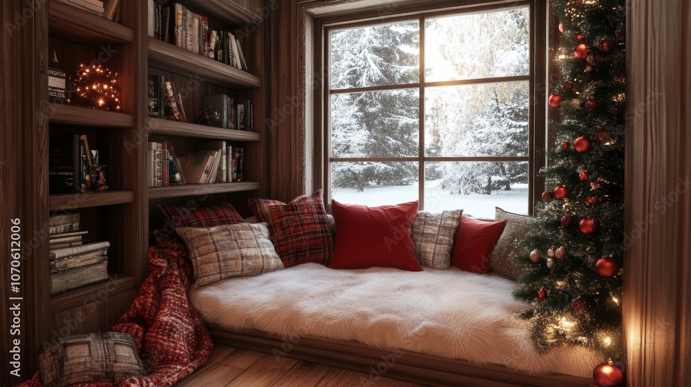 Cozy Winter Window Seat Christmas Tree Bookshelf Reading Nook Hygge Cozy Winter Window Seat Christmas Tree Bookshelf Reading Nook Hygge