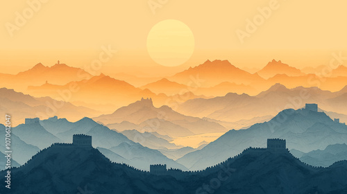 Splendid landscapes the Great Wall, Yellow Rivers, National Day holiday poster background. Peaceful mountain landscape with sunset, lake, and trees, minimalist nature illustration.