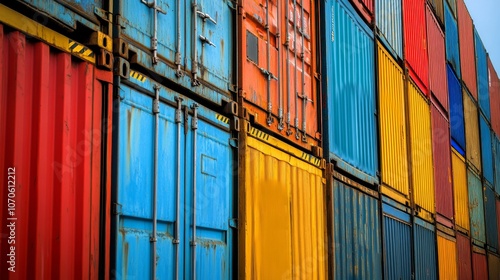 A vibrant arrangement of shipping container stacked together, showcasing various colors. photo