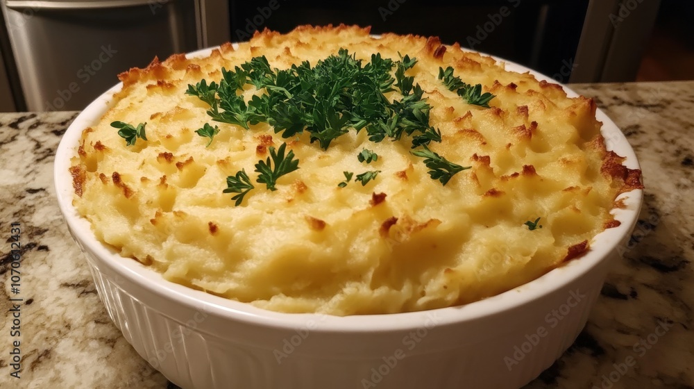 Creamy Mashed Potato Casserole with Parsley Garnish Creamy Mashed Potato Casserole with Parsley Garnish