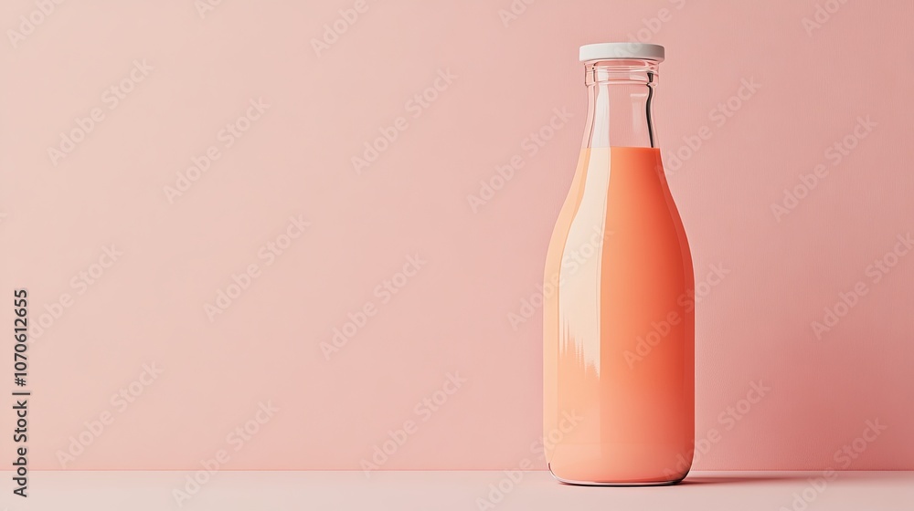 A glass bottle filled with pink liquid against a soft pink background. A glass bottle filled with pink liquid against a soft pink background.