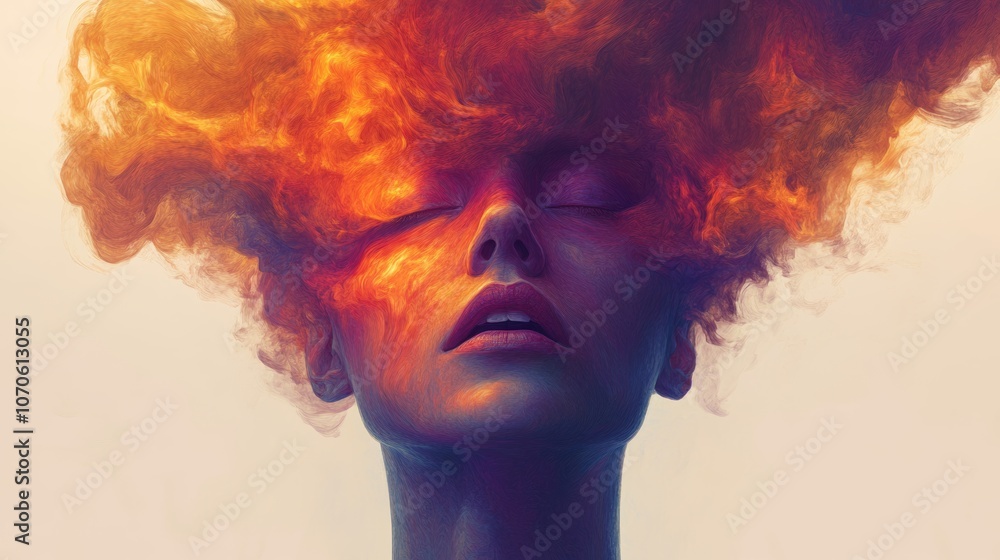 Abstract Fiery Portrait Woman s Face in Burning Clouds Surreal Art Abstract Fiery Portrait Woman s Face in Burning Clouds Surreal Art