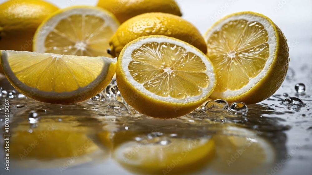 Fresh lemons sliced and arranged with water droplets reflecting their vibrant color. Fresh lemons sliced and arranged with water droplets reflecting their vibrant color.
