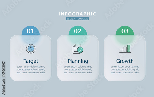 Infographic template 3 step timeline isolated background, Glassmorphic flat simple design. presentation graph. Business workflow layouts creator 3 options, Presentations vector illustration.