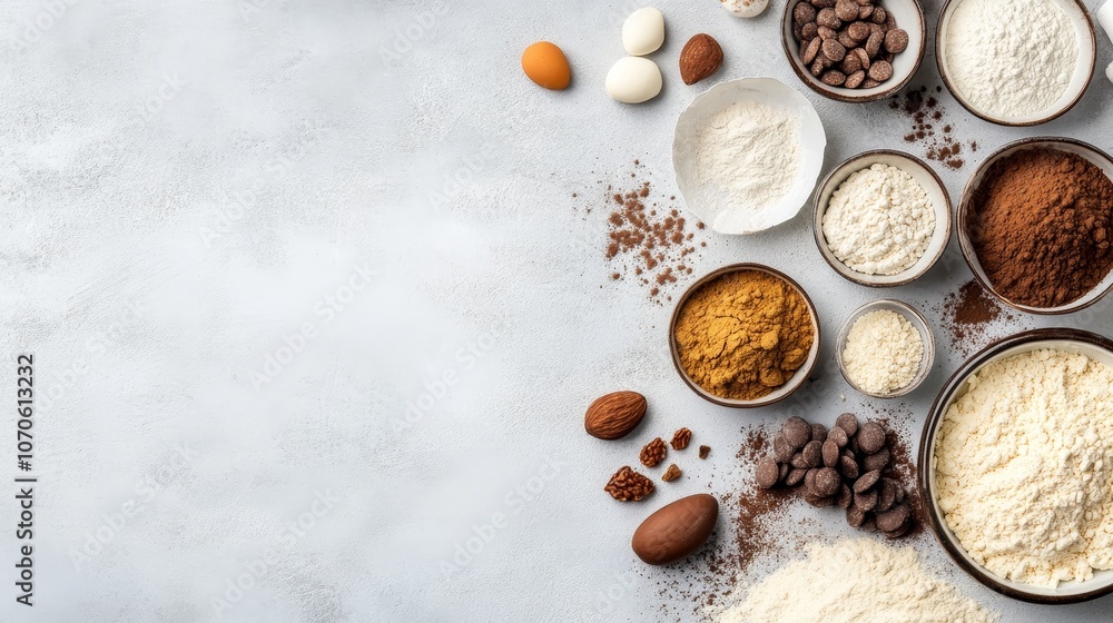 A variety of baking ingredients arranged in bowls, including flours, cocoa, nuts, and egg. A variety of baking ingredients arranged in bowls, including flours, cocoa, nuts, and egg.