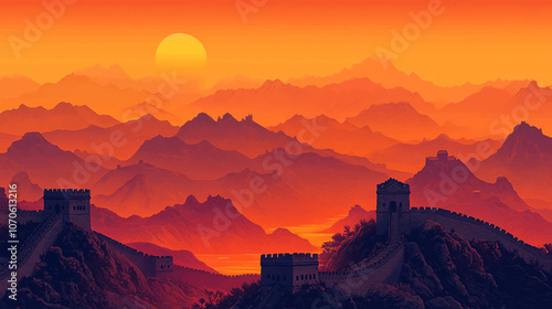 Splendid landscapes the Great Wall, Yellow Rivers, National Day holiday poster background. Peaceful mountain landscape with sunset, lake, and trees, minimalist nature illustration.