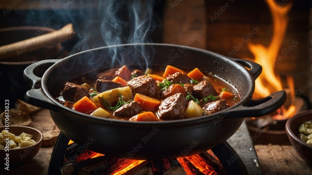 A hearty stew simmering in a pot over an open fire, surrounded by rustic wooden elements. A hearty stew simmering in a pot over an open fire, surrounded by rustic wooden elements.