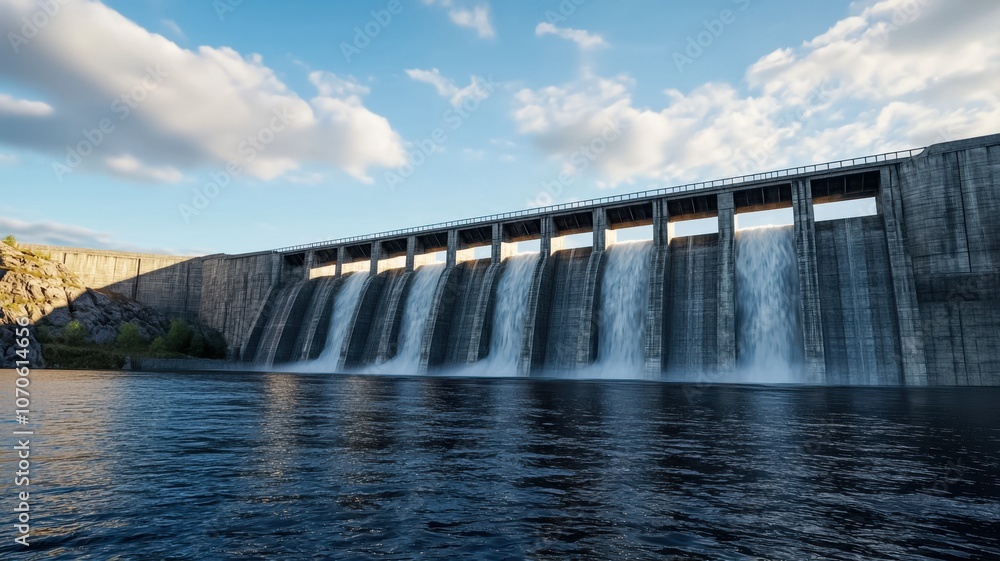 A serene view of a dam with cascading water against a picturesque sky, reflecting nature?s beauty and engineering prowess. A serene view of a dam with cascading water against a picturesque sky, reflecting nature?s beauty and engineering prowess.