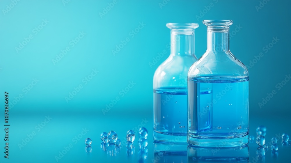 Two glass bottle filled with blue liquid on a reflective surface against a blue background. Two glass bottle filled with blue liquid on a reflective surface against a blue background.