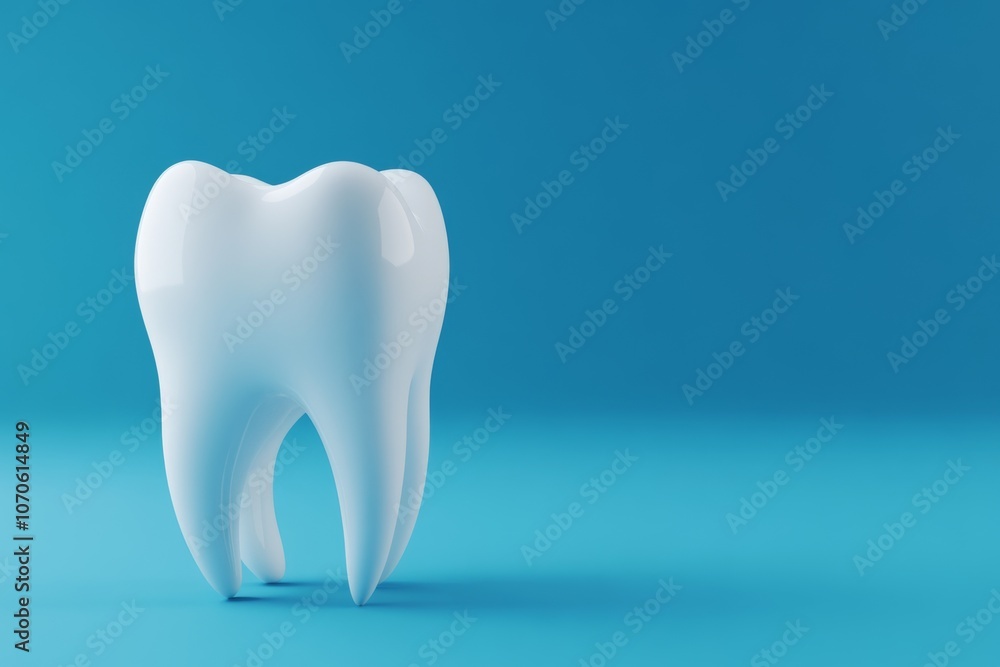 Tooth Model Against a Blue Background with Copy Space for Text. Comprehensive, isolated 3D white tooth model set on a light blue color backdrop. Shiny molar with glossy enamel and root. Dental health Tooth Model Against a Blue Background with Copy Space for Text. Comprehensive, isolated 3D white tooth model set on a light blue color backdrop. Shiny molar with glossy enamel and root. Dental health