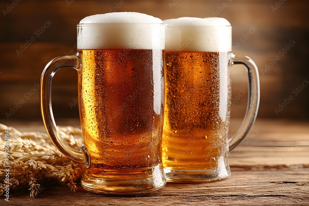 Two frosty beer mugs filled with golden beer sit on a wooden table in a pub. The warm ambient lighting create a relaxed, inviting atmosphere. perfect for social moments of leisure with friends. Two frosty beer mugs filled with golden beer sit on a wooden table in a pub. The warm ambient lighting create a relaxed, inviting atmosphere. perfect for social moments of leisure with friends.