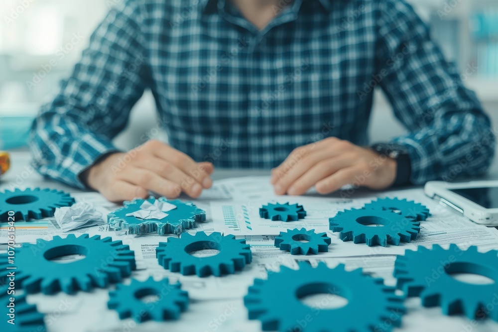 Distressed Entrepreneur at Work with Gears and Papers Distressed Entrepreneur at Work with Gears and Papers