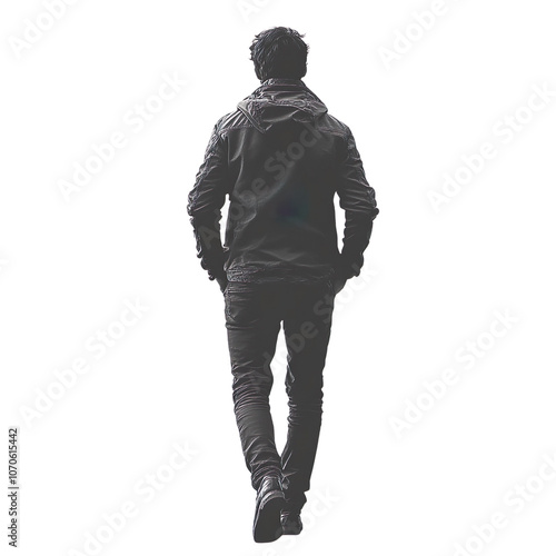 Monochromatic silhouette of a man walking away, dressed in casual clothing, including a jacket and pants isolated on white background, transparent background