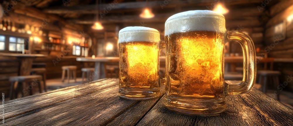 Two frosty beer mugs filled with golden beer sit on a wooden table in a pub. The warm ambient lighting create a relaxed, inviting atmosphere. perfect for social moments of leisure with friends. Two frosty beer mugs filled with golden beer sit on a wooden table in a pub. The warm ambient lighting create a relaxed, inviting atmosphere. perfect for social moments of leisure with friends.