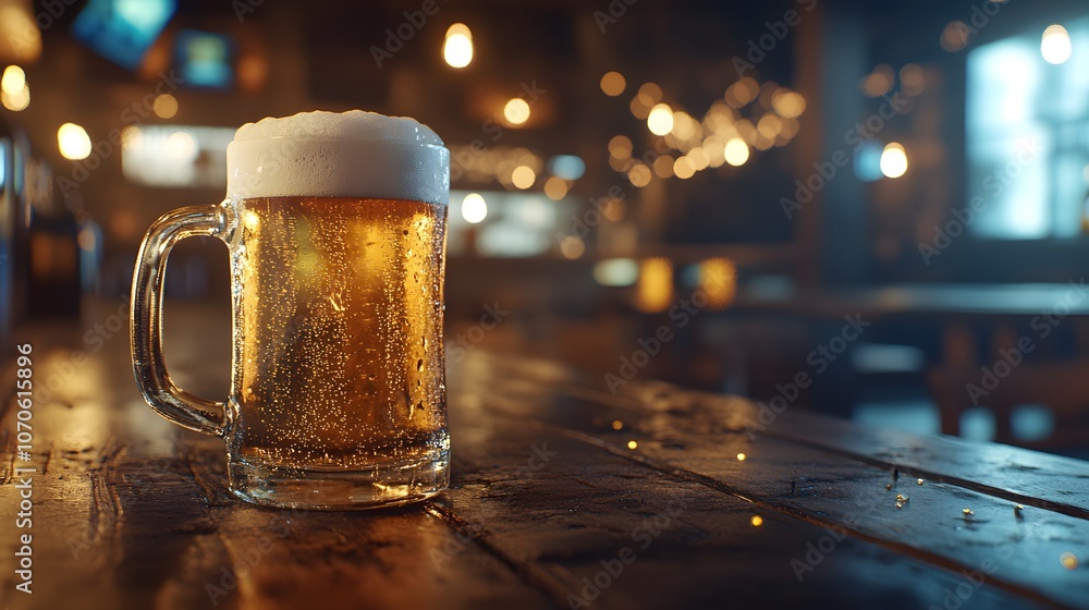 Two frosty beer mugs filled with golden beer sit on a wooden table in a pub. The warm ambient lighting create a relaxed, inviting atmosphere. perfect for social moments of leisure with friends. Two frosty beer mugs filled with golden beer sit on a wooden table in a pub. The warm ambient lighting create a relaxed, inviting atmosphere. perfect for social moments of leisure with friends.