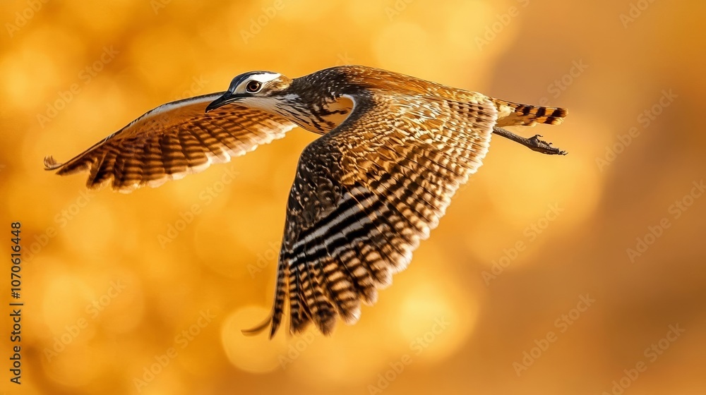 Fototapeta premium Bustard bird flying through golden landscape, intricate wing patterns with earthy tones, dynamic wildlife photography
