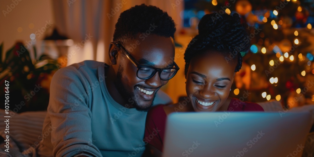 Obraz premium Couple enjoying discounts online while using a laptop, sharing moments on social networks, and exploring information together
