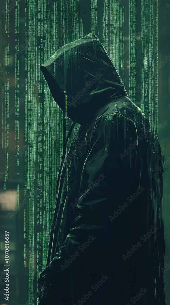 A hooded figure stands in a digital rain of green code, evoking a futuristic, mysterious atmosphere reminiscent of cyberspace. A hooded figure stands in a digital rain of green code, evoking a futuristic, mysterious atmosphere reminiscent of cyberspace.