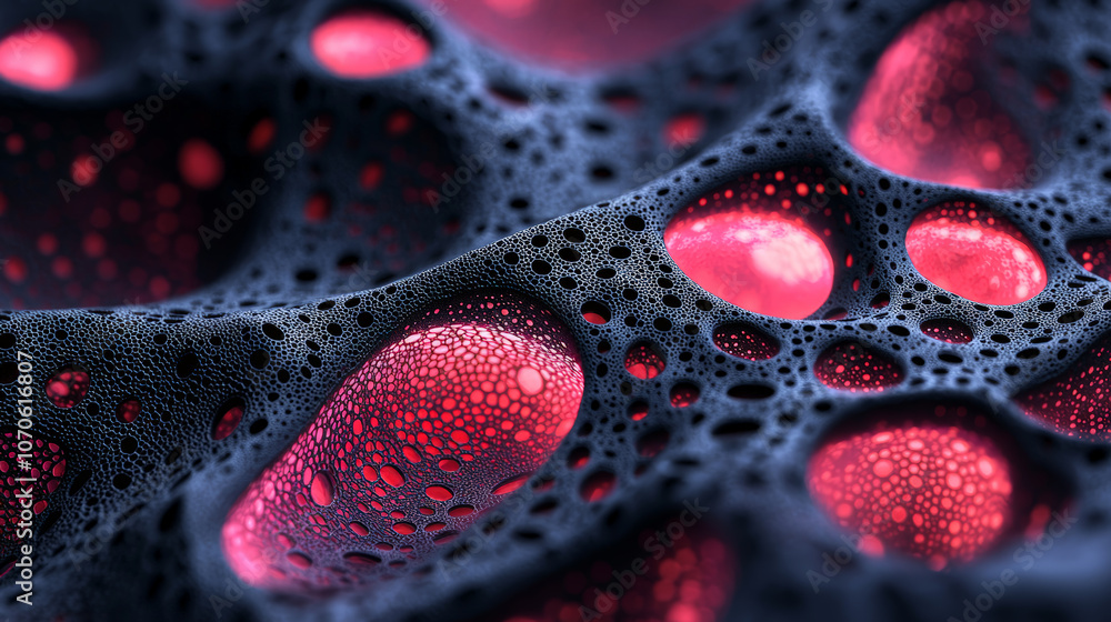 Black Filigree Fractal Biogen Nanostructures with Pink Glowing Holes. Generative AI Black Filigree Fractal Biogen Nanostructures with Pink Glowing Holes. Generative AI