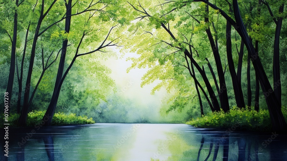 Serene Green Forest River Landscape Tranquil Nature Scene Serene Green Forest River Landscape Tranquil Nature Scene