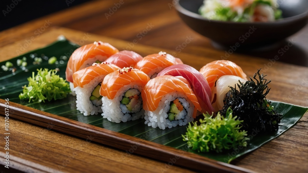 A beautifully arranged platter of sushi featuring various types of fish and vegetables. A beautifully arranged platter of sushi featuring various types of fish and vegetables.