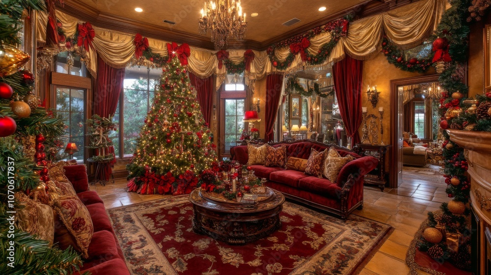A Luxurious Living Room Decorated for Christmas A Luxurious Living Room Decorated for Christmas