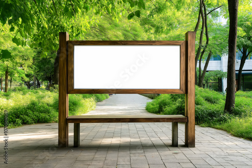 Blank wooden billboard in a green park setting, surrounded by trees and a paved pathway, ready for outdoor advertising or informational content.