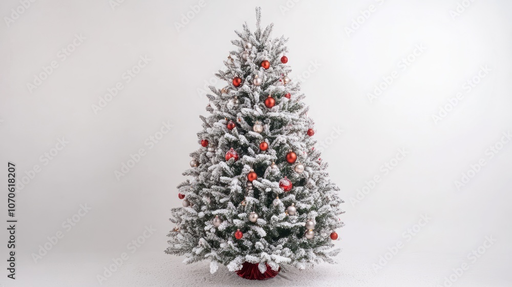 A decorated Christmas tree with a dusting of snow and red ornaments against a simple white background, conveying a festive and wintery atmosphere. A decorated Christmas tree with a dusting of snow and red ornaments against a simple white background, conveying a festive and wintery atmosphere.