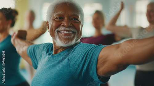 Instructor leading an elderly fitness program, gentle stretching, bright and airy space