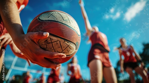 Womens netball team engages in defense, offense, and passing during community competitions and practice sessions, focusing on teamwork and athletic training on the court