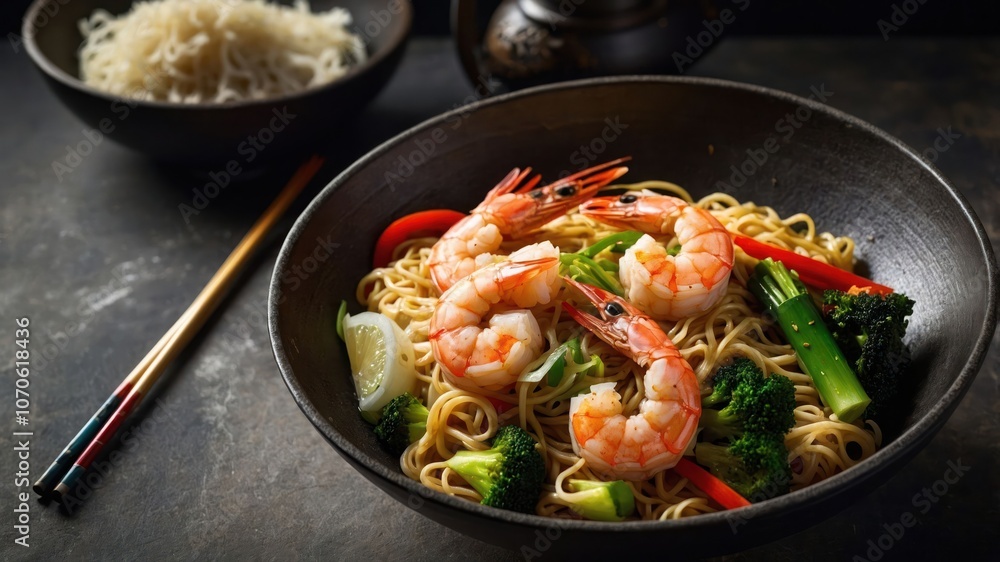 A bowl of shrimp noodles with vegetables, garnished and served with a side of noodles. A bowl of shrimp noodles with vegetables, garnished and served with a side of noodles.