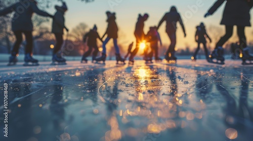 Gathering of individuals skating on ice in a park during sunset or sunrise. Enjoyable outdoor winter exercise photo