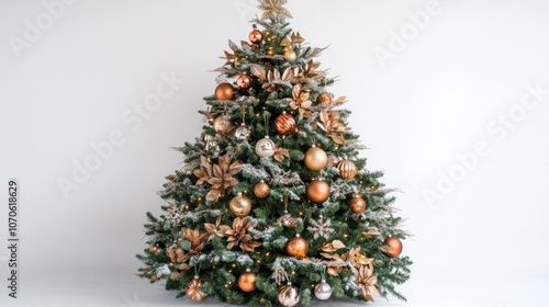 A beautifully decorated Christmas tree adorned with gold and bronze ornaments, pine cones, and a light dusting of snow against a plain white background.