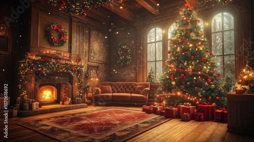 Wallpaper Mural Christmas Decorated Room with Fireplace, Presents, and Tree Torontodigital.ca