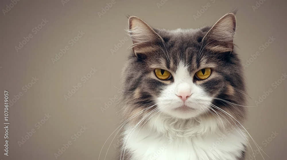 Obraz premium Angry gray and white long haired cat with striking yellow eyes, staring intensely. This feline exudes strong personality and captivating presence